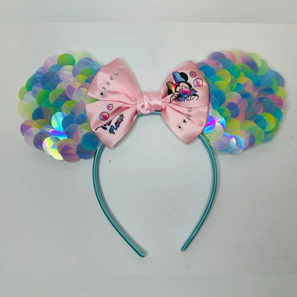 Pastel Sequined Minnie Mouse Ears Headband with Pastel Pink Bow